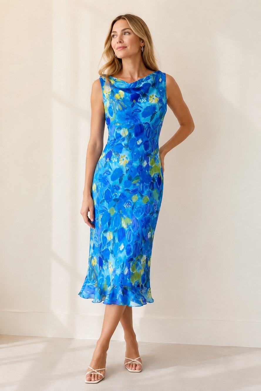Jessica Vintage Y2K Blue Floral Midi Cottagecore Garden Party Sleeveless Dress